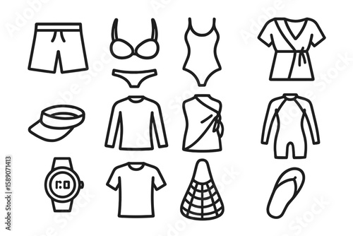 Beachwear icons: swimsuits, tops, watch, flip-flops, sun hat, t-shirt outline