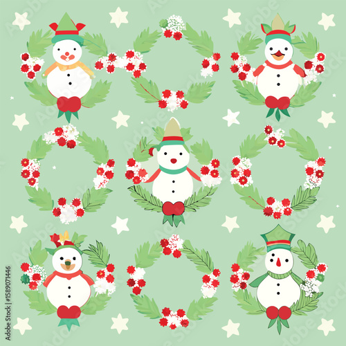 Adorable christmas snowmen in whimsical holiday wreaths adorned with festive red and white berries on a pastel green background holiday theme pattern.