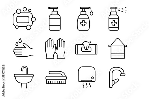 Black and white hygiene icons for soap, sanitizer, gloves, and sink