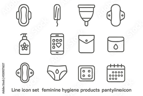 Line icons of feminine hygiene products including menstrual cup and pads