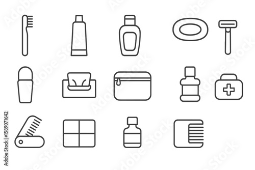 Minimalist bathroom icons: toothbrush, toothpaste, razor, soap, comb