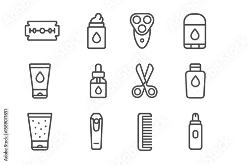 Grooming icons: razor, shaving cream, electric shaver, deodorant, scissors, comb