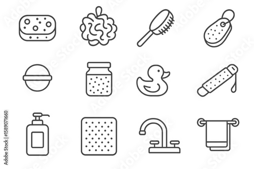 Outlined icons of bath accessories on gradient background