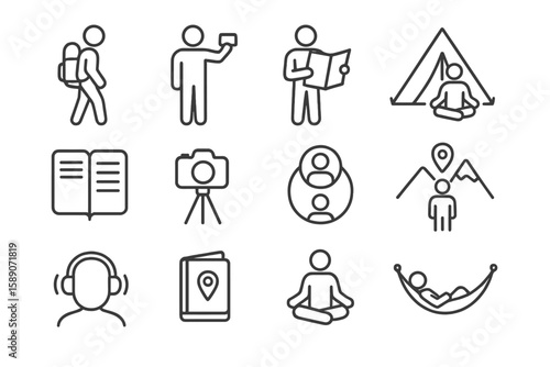 Outline icons of hiking, camping, and photography on dark background