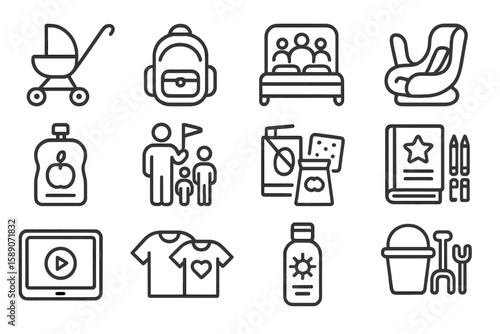 Family outing icons: stroller, backpack, playground, snack, and more essentials