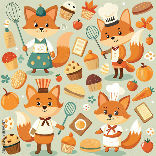 Adorable illustration of cartoon fox chefs preparing treats in a playful and delightful cute animal pattern for kids.