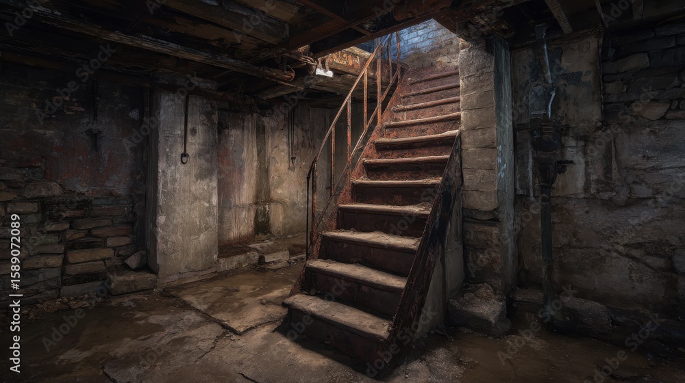 Stunning photo of abandoned basement with rusty staircase. Stunning photo of abandoned basement with rusty staircase.