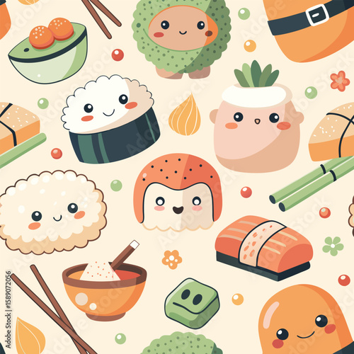 Adorable sushi and japanese cuisine character pattern featuring various colorful elements for creative design projects