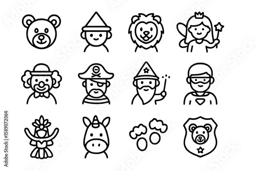 Icon set: fairy tale characters - bear, clown, wizard, unicorn, fairy