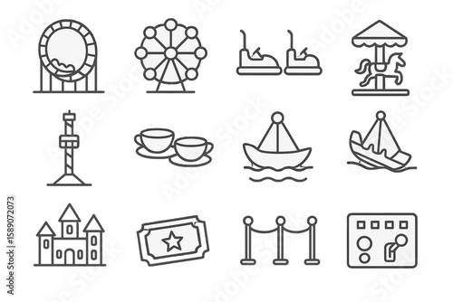 Amusement park icon set: ferris wheel, bumper cars, carousel, castle, ticket