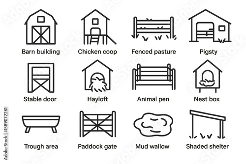 Farm icon set: barn, coop, pigsty, stable, pasture, shelter