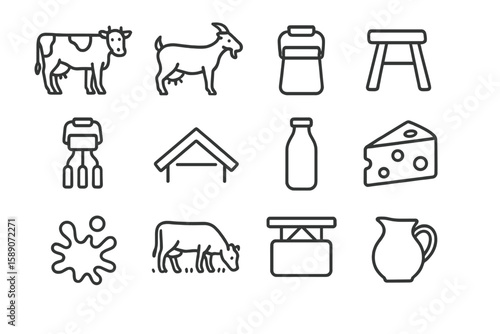 Dairy icons: cow, goat, cheese, milk, butter, barn, milking, stool, jug, cream