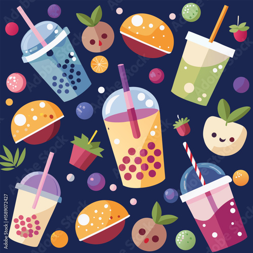 Colorful and playful vector illustration of various bubble tea drinks with adorable fruit elements on dark blue background