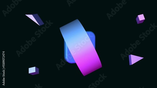 A mesmerizing animation showing the movement and transformation of three-dimensional geometric shapes. Bright purple and blue hues contrast sharply on a black background, 4K video