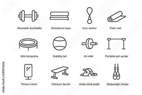 Home workout equipment icons: dumbbells, resistance loops, stability ball, pull-up bar