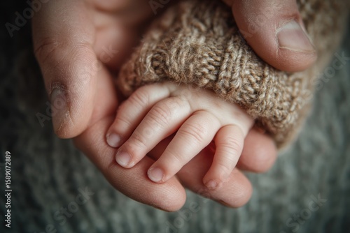 A warm interaction shows a large adult hand gently holding a tiny child's hand, both in soft knit textures, evoking comfort and love