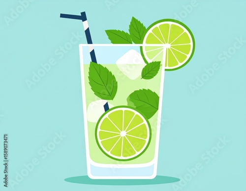 Pixel Art Illustration of a Refreshing Mojito Cocktail with Lime Mint and Ice Cubes