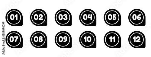 Bullet Point, Circle Number Font Icon. Set of round numbers from 1 to 12. Flat icons set in abstract round shape, editable stroke, isolated on white, linear vector outline, symbol