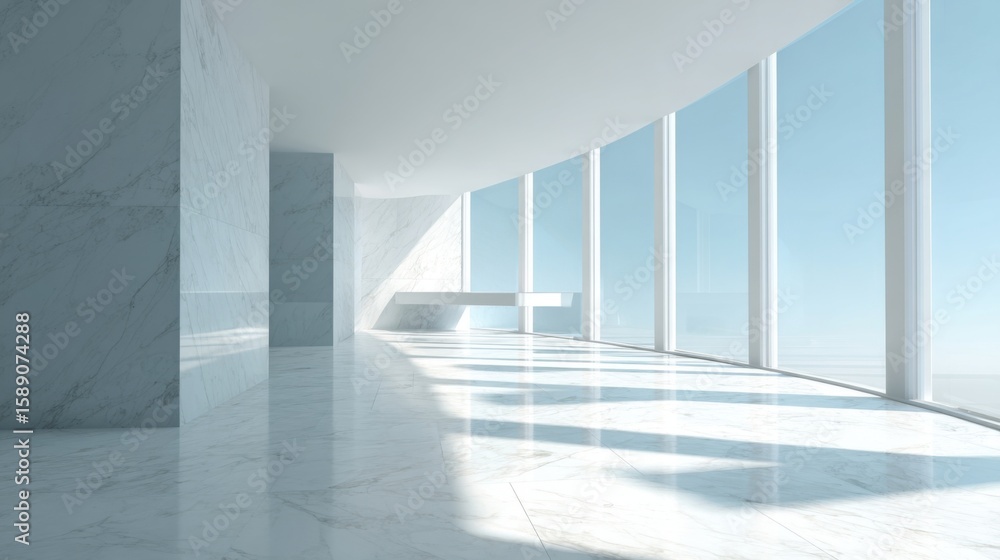 Fototapeta premium Bright modern interior space with large floor-to-ceiling windows and natural light.