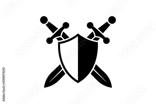 Stylized shield with two crossed swords in black and white