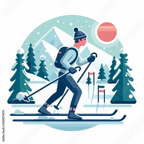 A skier treks through a snowy landscape with mountains and trees beneath a round sun and a starry sky