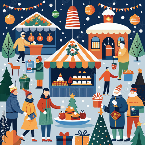 Festive holiday market scene with people shopping and celebrating amid snowfall in a charming winter village