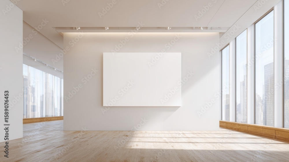 Fototapeta premium Bright modern gallery with large windows and blank white wall for display.