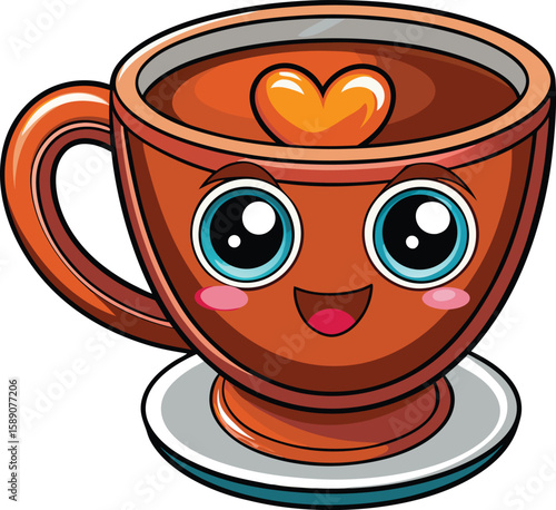 Espresso Cup with Crema Heart and Bold Expression in Kawaii Style on White Background