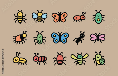 Cute cartoon insects collection with butterflies bees ants and beetles