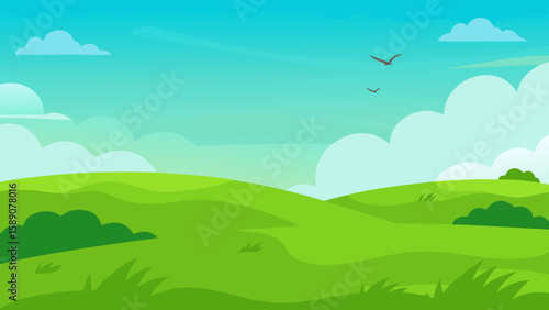 Endless Green Plain with Blue Sky Vector