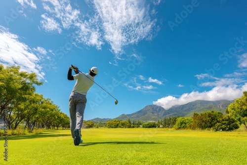 Wide shot of a golfer swinging club on lush green course with mountains and blue sky.