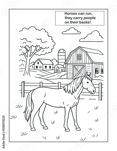Farm Animals coloring page- Horse, Coloring Book: A Fun Activity for Kids