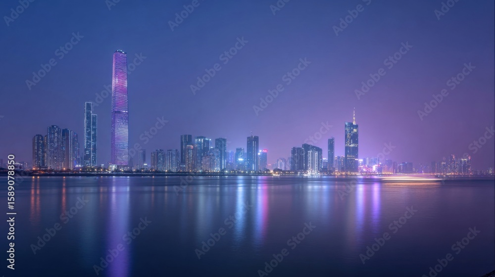 Fototapeta premium Modern city skyline at night reflecting on water with tall illuminated skyscrapers.