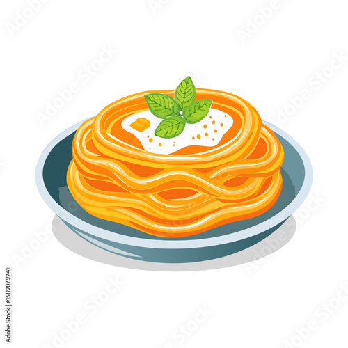 Delicious Pasta Dish Illustration with Fresh Basil and Creamy Sauce
