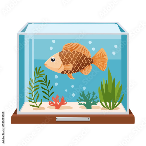 Goldfish in Aquarium with Aquatic Plants and Bubbles