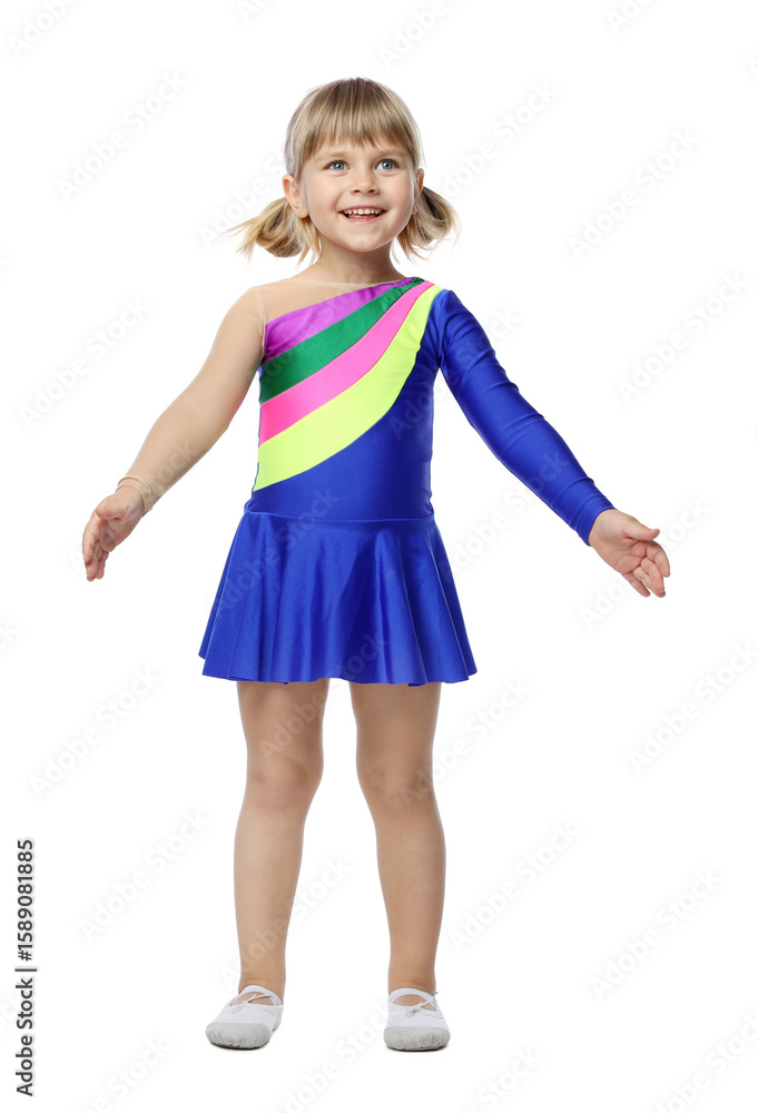 Naklejka premium Cute little girl dancing on white background