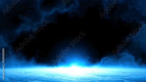 Ethereal Horizon Glow. Abstract Blue and Black Clouds Over a Misty Textured Landscape.mp4