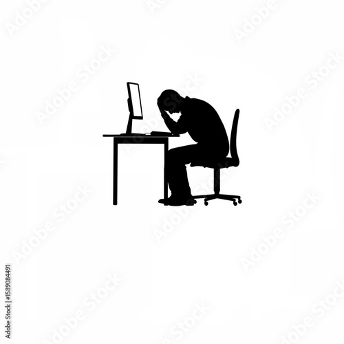 Silhouette of person sitting tiredly with head down at terminal on white background
