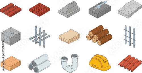 Isometric illustrations of construction materials and tools, showcasing various building components.
