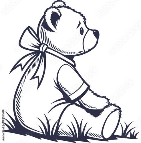 Adorable Teddy Bear Illustration Sitting Sadly in the Grass