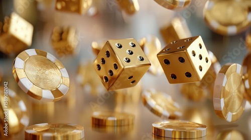 Floating golden dice and chips create a dynamic gaming atmosphere in a lively casino setting