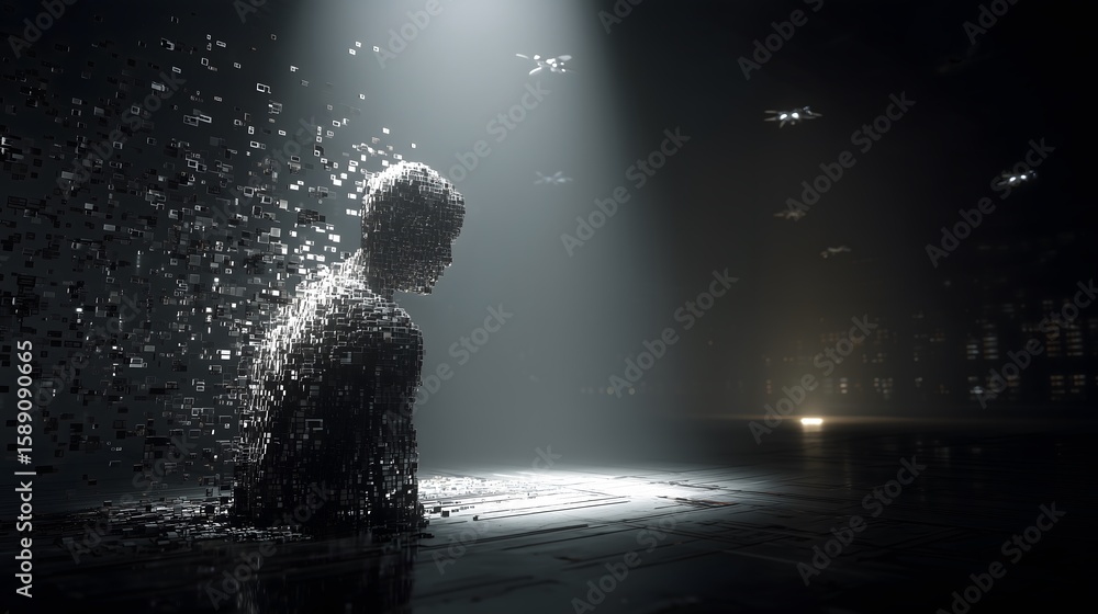 Obraz premium Figure dissolving into digital particles, Silhouette fading in bright light, Abstract form breaking apart slowly, Person undergoing digital transformation
