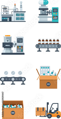 A set of flat vector icons depicting pharmaceutical manufacturing processes, from factory to packaging and transport.
