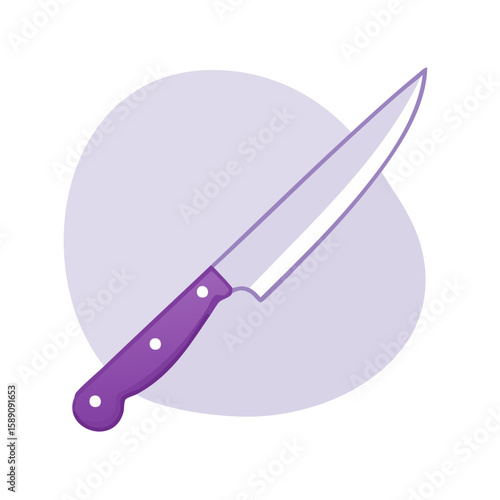 Illustration of a purple handled kitchen knife with silver blade on a light purple backdrop. Sharp cooking tool icon.