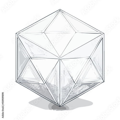 Geometric shape with triangulated faces, illustration, light gray tones, shading, vector isolated on black background