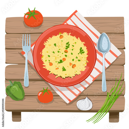 Delicious rice pilaf served on a wooden table, perfect for a hearty meal