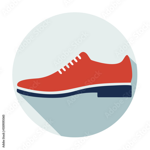 Illustration of a red men's dress shoe on light blue roundel vector flat design element side view classic footwear apparel