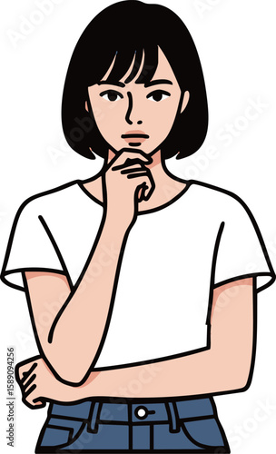 若い女性の考え事イラスト - シンプルなミニマルフラットデザイン