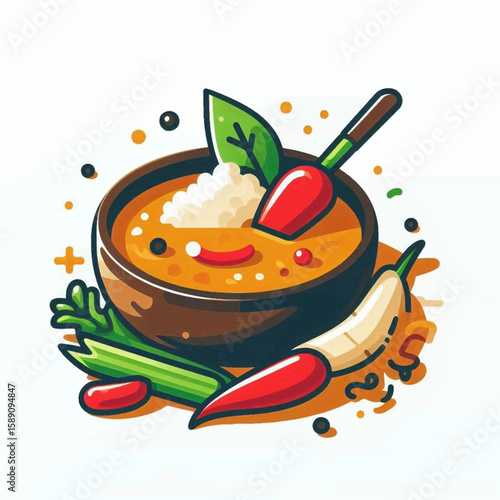 Cartoon bowl of spicy soup with peppers celery herbs and rice