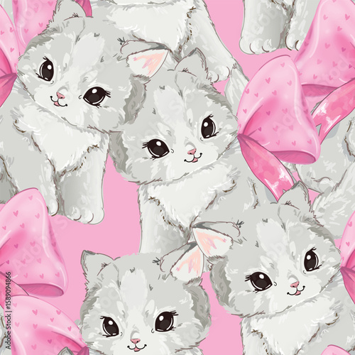 Hand Drawn Vector Illustration of cute cat vector illustration pattern, children print design, cat and bow seamless